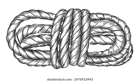Sketch style nautical rope. Thick skein of rope. Hand drawn vector illustration