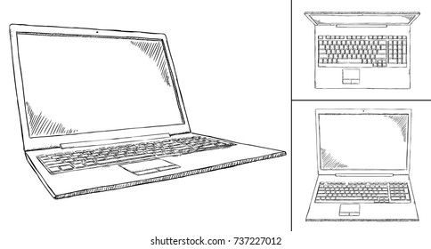 Sketch style notebook in 3 different views. Hand drawn doodle vector illustration on transparent background.