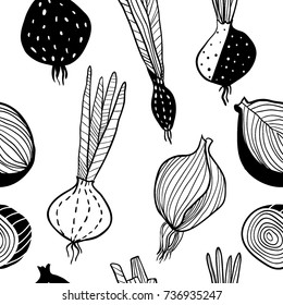 Sketch style onion seamless pattern. Hand drawn doodle vegetables