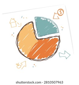 A sketch style pie chart with vibrant colors and hand drawn icons illustrating financial and real estate growth concepts