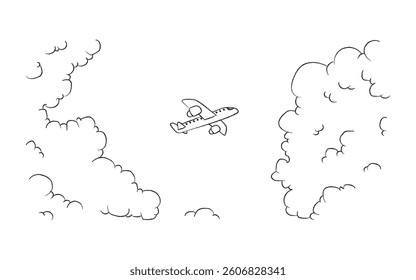 Sketch Style Plane Travel Route Around Clouds