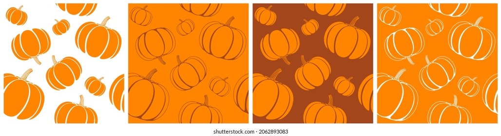 Sketch style pumpkin seamless vector pattern set, in different color shades.