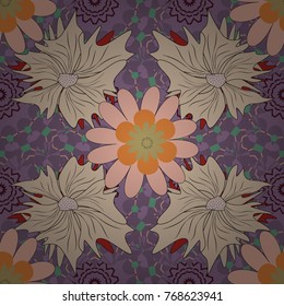 Sketch style purple, beige and neutral color flowers repeatable motif. Hand drawn vector floral seamless pattern for surface design, wrapping paper, fabric, background.