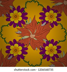 Sketch style purple, yellow and orange color flowers repeatable motif. Hand drawn vector floral seamless pattern for surface design, wrapping paper, fabric, background.