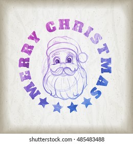 Sketch style Santa Claus portrait illustration and Merry Christmas message on wrinkled paper background. Christmas greeting card design.