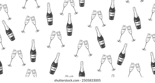 Sketch style seamless pattern with champagne bottle and champagne flutes. Black and white background with clinking glasses. Celebratory toast