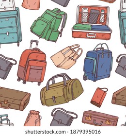 Sketch style seamless pattern with hand drawn suitcases and travel bags, cartoon vector illustration on white background. Endless repeatable decorative texture.