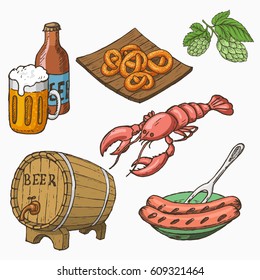 Sketch style set of beer and snacks. Vector illustration.