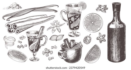 Sketch style set of ingredients for mulled wine. Engraving style glasses with mulled wine. Black and white hand drawn illustration with winter drinks. Wine bottle, cinnamon, orange, lime, vanilla