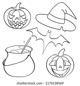 Sketch style, set on the theme of Halloween, pumpkin, witch hat, cauldron pot and bat