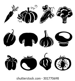 Sketch style silhouettes - different vegetables, cucumber, carrot, mushroom, tomato