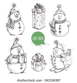 Sketch style snowman and Christmas gift boxes set. Hand drawn vector illustration.