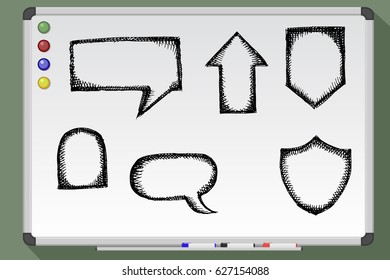 Sketch style speech bubbles hand drawn on whiteboard. Vector illustration