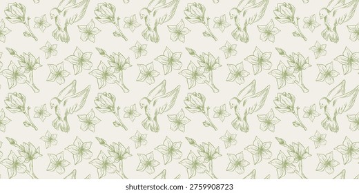 Sketch style spring seamless pattern with flying birds, tree branches with flowers, vector background. Vintage botanical textile design, green monochrome floral texture, hand drawn magnolia blossom