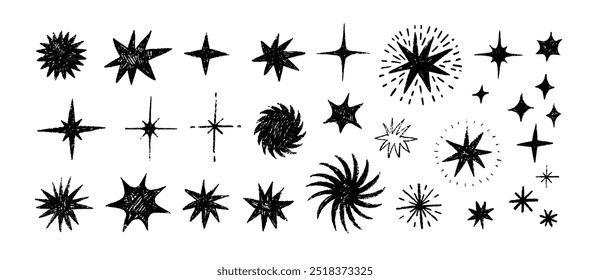 Formas de estrela de estilo de esboço desenhadas com giz de cera. Estilo infantil rabiscar estrelas com brilho, brilhos e faíscas. Elementos de doodle infantis desenhados à mão. Brilhante brilho sunburst formas coleção. Símbolos do céu noturno.