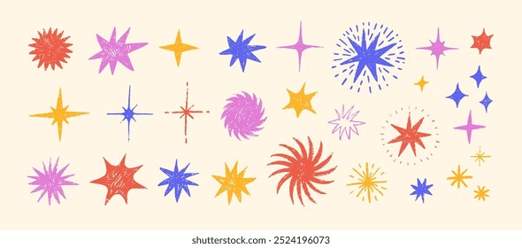 Formas de estrela de estilo de esboço desenhadas com giz de cera colorido. Estilo infantil rabiscar estrelas com brilho, brilhos e faíscas. Elementos de doodle infantis desenhados à mão. Brilhante coleção de raios solares. Símbolos do céu noturno.