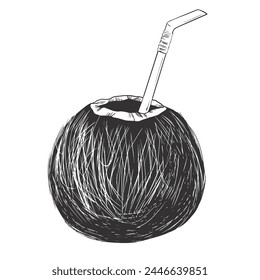 Sketch style summer coconut cocktail. Engraved illustration of coconut cocktails with straw isolated on white background