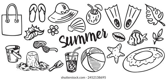 Sketch style summer elements set. Summer time icon. Summer vacation set. Sea and ocean recreation attributes. Vector hand drawn illustration isolated on white background