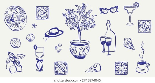 Sketch style summer icons featuring beach scenes, sea elements and doodle art. Vintage vacation graphics with Italian coastal vibes, hand drawn symbols and Mediterranean charm. Vector illustration