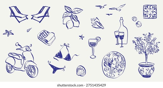 Sketch style summer icons featuring beach scenes, sea elements and doodle art. Vintage vacation graphics with Italian coastal vibes, hand drawn symbols and Mediterranean food. Vector illustration