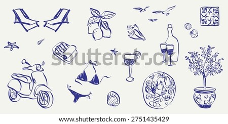 Sketch style summer icons featuring beach scenes, sea elements and doodle art. Vintage vacation graphics with Italian coastal vibes, hand drawn symbols and Mediterranean food. Vector illustration