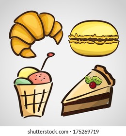 Sketch style sweets - cake, ice cream, croissant, macaroon