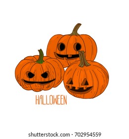 Sketch style three hallowed-out pumpkins on white background. Hand drawn jack-o'-lanterns. 