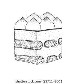 Postre tiramisú estilo boceto. El tiramisú de estilo grabado está aislado en el fondo blanco. Postre dibujado a mano de galletas con dedos de mano y queso mascarpone