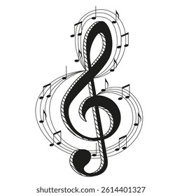 Sketch style Treble Clef with music notes isolated transparent. Treble Clef in modern Geometric hand drawn style. Perfect for musical school poster banner schedule cover template design. Vector 