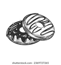 Sketch style two donuts with glaze isolated on white background.  Engraving style donuts with chocolate. Black and white dessert