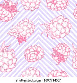 Sketch style vector eco food illustration. Hand drawn raspberry and blackberry seamless pattern on white background.