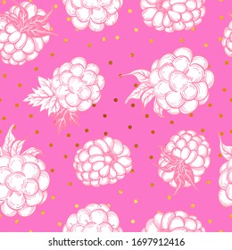 Sketch style vector eco food illustration. Hand drawn raspberry and blackberry seamless pattern on white background.