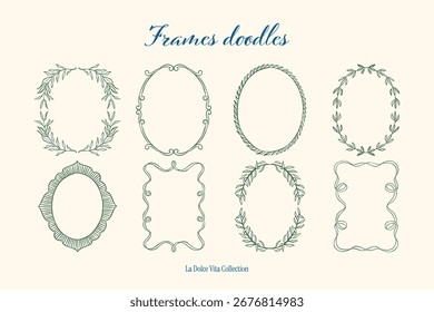 Colección de marcos de Vector y coronas de estilo de boceto. Arte para tarjetas de felicitación, invitaciones de boda, diseño de carteles, postales, marca, diseño de logotipo, fondo.