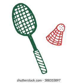 Sketch style vector illustration of a badminton racket and shuttlecock