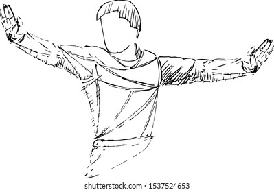 Sketch style vector illustration of a boxing referee signaling with open arms during a match, wearing a long-sleeve shirt and bow tie, faceless figure.