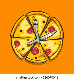 Ilustração vetorial estilo esboço de uma pizza relógio em fundo laranja. Comida rápida italiana americana