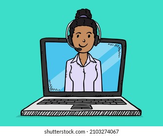 Sketch style vector illustration of customer support woman showing on laptop screen.