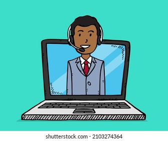 Sketch style vector illustration of customer support man showing on laptop screen.