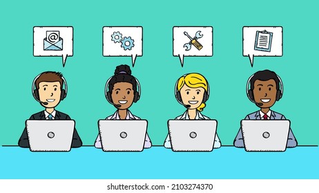 Sketch style vector illustration of customer support team with icons. Man and woman with headphones are working on laptops to bring best quality service to clients.
