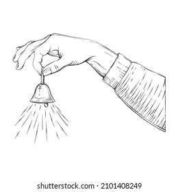 Sketch style vector illustration of a hand and a bell ringing. Hand drawn image.