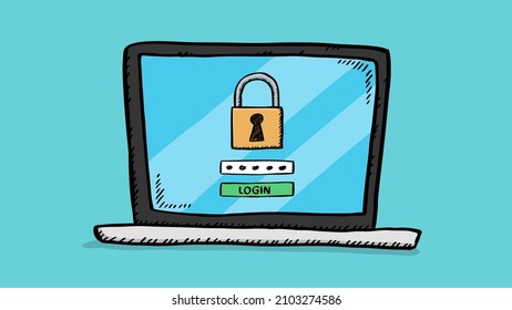 Sketch style vector illustration of locked laptop screen with password.