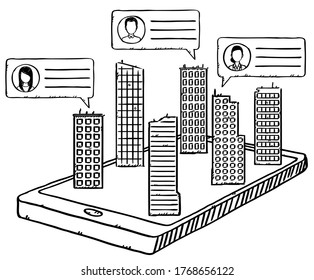 Sketch style vector illustration of people in the city texting to each other. Hand drawn vector illustration on white background.