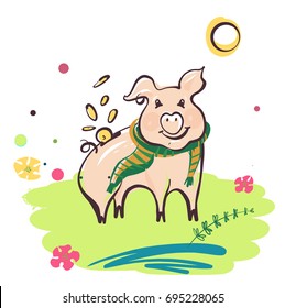 Sketch style vector illustration. Piggy bank with coin falling inside.