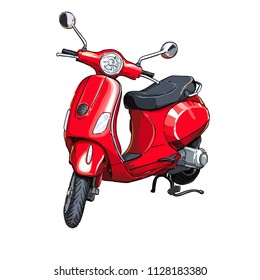 Sketch style vector illustration of red motorbike, scooter isolated.