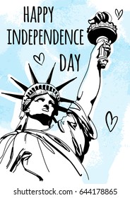 Sketch style vector illustration with Statue of Liberty for 4th of July. Happy Independence Day celebration.