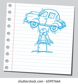 Sketch style vector illustration of a superhero holding a car