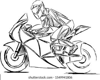 Sketch style vector of a motorcyclist riding a sport bike in aerodynamic position, wearing helmet and racing suit, drawn in dynamic motion with bold lines.
