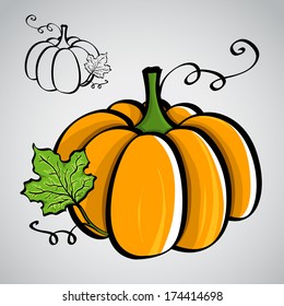 Sketch style vegetables - pumpkin. Silhouette and colored version