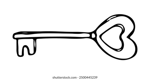 Sketch style of vintage key on white background. Vintage locks and keys. Sketch keyhole, victorian style padlock. Medieval or antique door hole, old decor security elements vector collection. Illustra