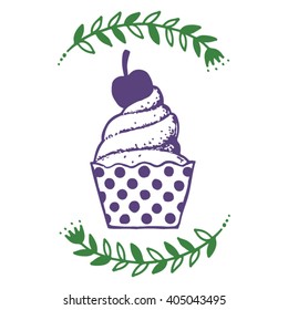 sketch style violet vector cupcake with green branches